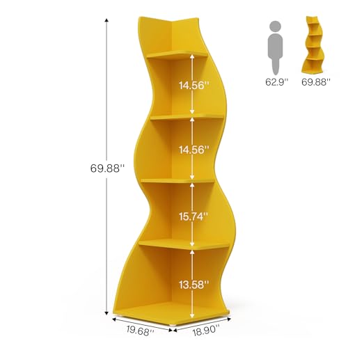 Image of Tribesigns Corner Shelf, Modern 5-Tier Wall Corner Bookshelf, Stylish Corner Small Bookcase Storage Rack Plant Stand with Unique Shape for Living Room, Home Office (Yellow, 1PC)