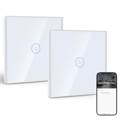 BSEED Smart ZigBee Interruptor 1 Gang 2 Vías, Interruptor de Pared Inteligente con Alexa y Google Home, Interruptor Táctil (Cable Neutro, Hub Gateway necesario) Blanco