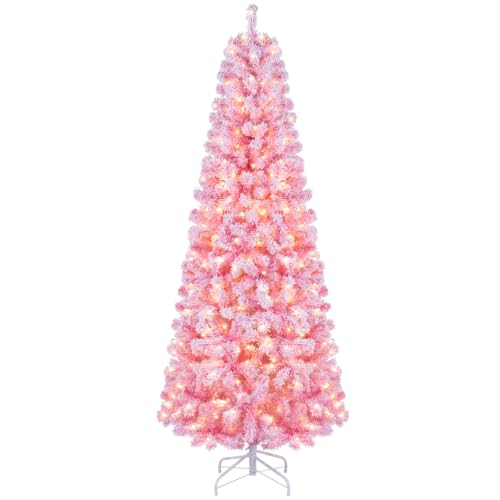 HAPPYGRILL 7 FT Snow Flocked Pre-Lit Artificial Christmas Tree, Pink Tree