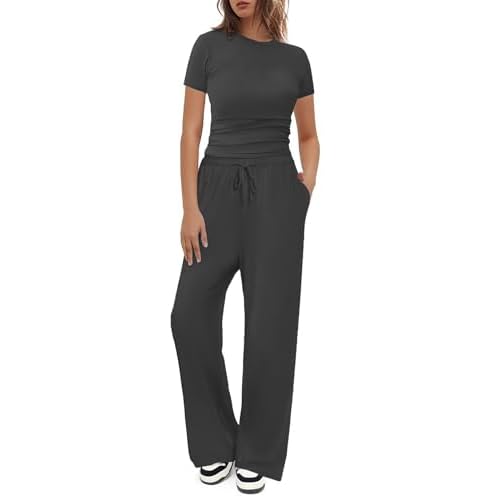 Two Piece Lounge Sets for Women Fold Over Flare Pants Short Sleeve Crop Top Y2k Outfits Matching Set Tracksuit Black X-Small