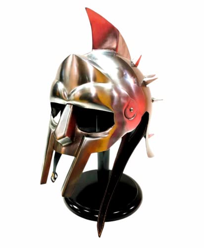 United Decor Gladiator médiéval vintage Casque armure de chevalier romain Gladiator Spike avec support en bois Vêtements de collection Cadeau réplique Viking, Chrome (argent) Cover