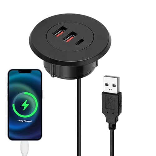 Pasacables de Escritorio – Pasacables empotrable con Puertos USB para escritorios – Base de Carga con Cable de 1,5 m y Cargador para Muebles de Oficina y sofá