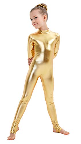 Kepblom Girls Shiny Metallic Mock Neck Unitard Long Sleeve Zipper Back One Piece Bodysuit Costume