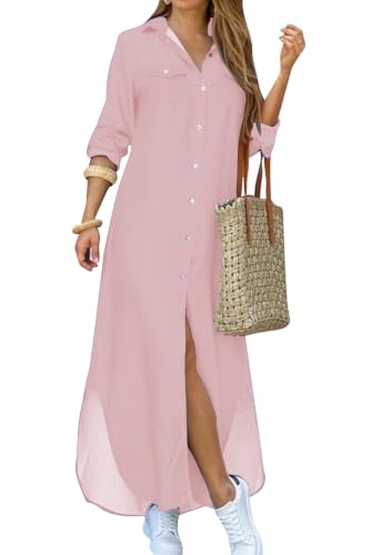 Image of YMING Women's Long Sleeve Button Down Shirt Dress Spring Casual Maxi Dresses Loose Fit Blouse Dress with Pockets
