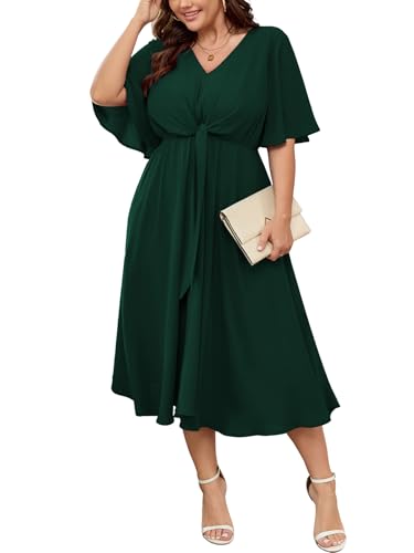 Image of SCOMCHIC Women Plus Size Midi Dresses Wedding Guest Short Sleeve V Neck Tie Waist Casual Summer Flowy A Line Dress