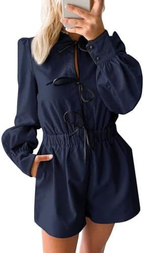 Cicy Bell Womens Casual Short Rompers Cute Tie Front Long Lantern Sleeve Shorts Jumpsuits with Pockets 2025 Fall Outfits