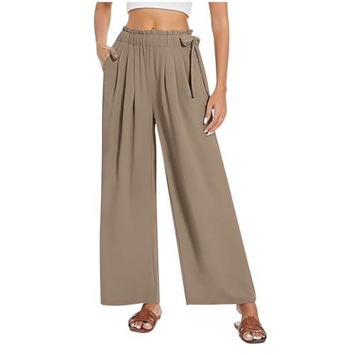 Womens Wide Leg Pants Ruffle Elastic High Waisted Flowy Palazzo Pants Casual Loose Work Trousers with Pockets