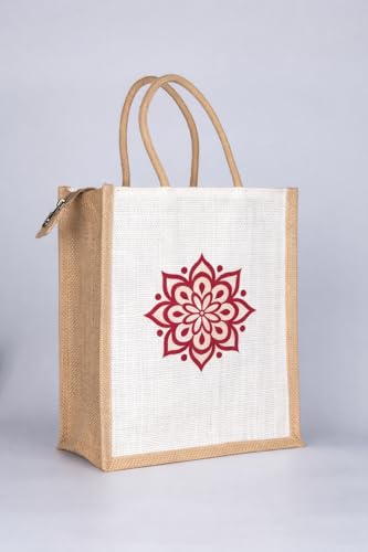 Image of Soman Jute Ecofriendly Return Gift Bags Rangoli printed with Zip White Natural Pack of 10 Bags
