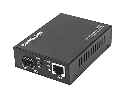 Image of 10GBase-T to 10GBase-R Media Converter, SFP+ Slot and RJ45 Port | 10GBase-T to 10GBase-R media converter with RJ45 and SFP+ ports, supports 1000Base to 10GBase speeds, LEDs status