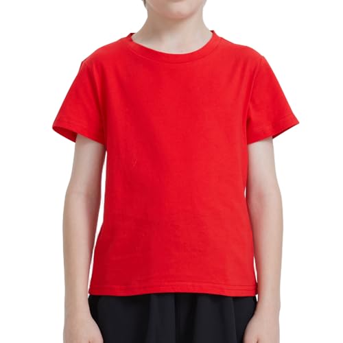 Ewbob Kids Cotton Plain T-Shirt Lightweight T Shirt Short Sleeve Boys Girls Breathable Tee Tops for Children Classic Casual Unisex Shirts for Age 3-14 Years(C14-Red-5-6Y)