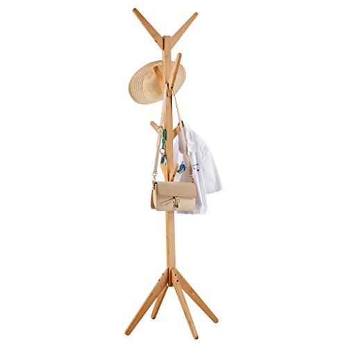 LANGRIA Perchero Bambú de Pie Tipo Árbol con 8 Ganchos en 4 Niveles y Pies Sólidos para Colgar Abrigos Gorros Chaquetas Gabardinas (Natural)