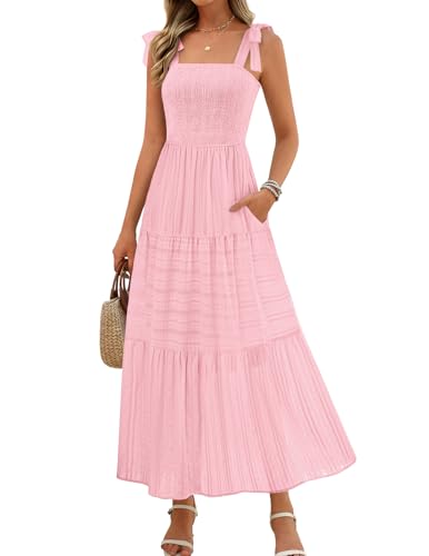 MEROKEETY Women's 2026 Spring Boho Maxi Dress Summer Beach Vacation Casual Sleeveless Smocked A Line Sundress with Pockets, Pink, Small