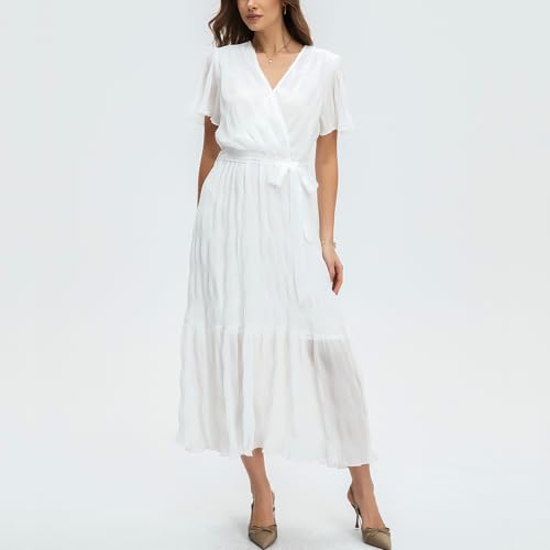 Image of Women's Summer Bohemian Floral Chiffon Dress Cap Sleeve V Neck Ruffle Long Flowy Boho Casual Vacation Dresses