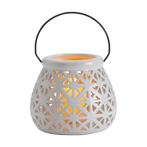 Elements Ceramic Pierced Diamond Lantern, for Use with Real Wax or Flameless Candles, 5.43x5.43x4.72 Inch, White