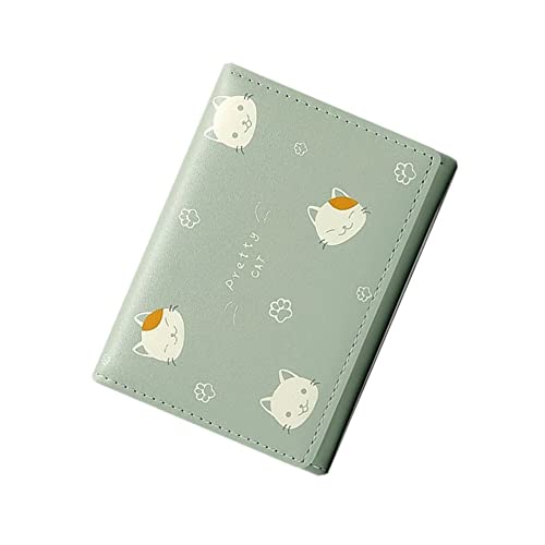 Cute Cartoon Cat Print Wallet Short Tri-fold Wallet Multi-Card Purse for Women and Girl (Cartoon Green)