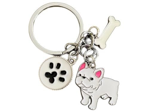 Portachiavi BullDog Francese, colore bianco, Portachiavi in metallo, idea regalo compleanno o Natale per appassionato dei cani, gadget a forma di cane, accessori cane (Bulldog Francese bianco)