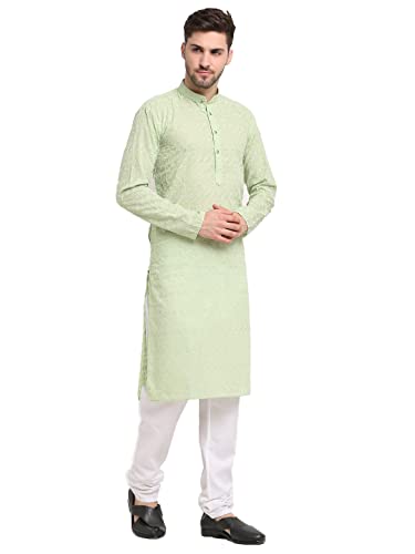 Image of Jompers Men Green Ethnic Embroidered Pure Cotton Kurtas.