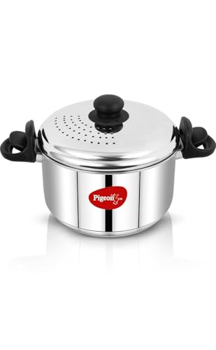 Image of Pigeon Stainless Steel Rice & Pasta Pot with Strainer Lid - 4L, Locking Handle, Induction & Gas Compatible, Multi-Purpose Cookware for Vegetables, Noodles, Biryani