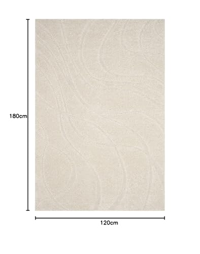 Image of Geometric Wave Shaggy Rectangular Carpet For Living Room,Bedroom,High Low Design Finish Microfiber 1.8 Inch Pile High,4X6 Feet Ivory|Ivory Color