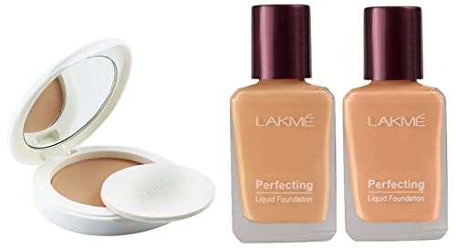 Image of LAKME Lakme Perfect Radiance Skin Lightening Acne Prone Compact Powder, Golden Sand 03, 8 G, 27 Ml & Lakme Perfecting Liquid Foundation, Shell, Waterproof Dewy Finish Glow, 27 Ml