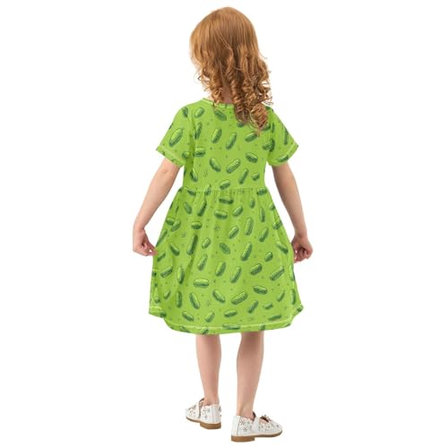 Girls Summer Dress Short Sleeve A Line Pickle Pattern on Green Background Casual Dresses for Kids 2-8 Years2
