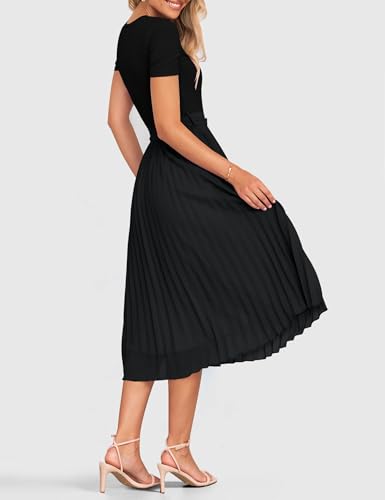 ZESICA Womens 2025 Summer Short Sleeve Midi Dresses Casual Crew Neck Knit Belted Pleated A Line Flowy Wedding Guest Dress4