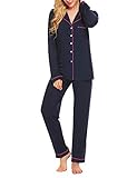 Lucyme Damen Pyjamas Set Elegant Modal Langarm Schlafanzug mit Knopfleiste Zweiteiliger Lang Nachtwäsche Sleepwear XS-XXL, Dunkelblau 337, EU 38(Herstellergröße: S)