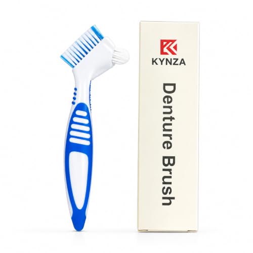 KYNZA Denture Cleaning Brush Dual Head Denture Toothbrush for False Teeth Retainers & Oral Appliances | Hard Bristle Denture Cleaner Brush for Deep Cleaning | Blue