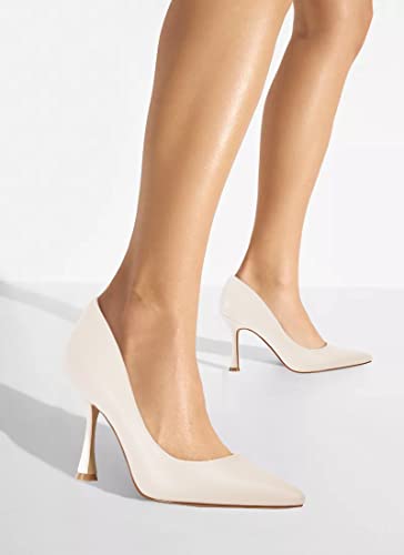 Govdaeor Womens Spool Heel Pumps Pointed Toe Classic Slip-On Stiletto High Heels Ladies Office Dress Shoes Beige #TOP6