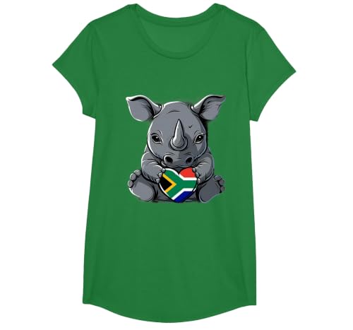 South Africa Flag Cute Rhino Heart South African Pride T-Shirt, Girls, Kelly Green, Large