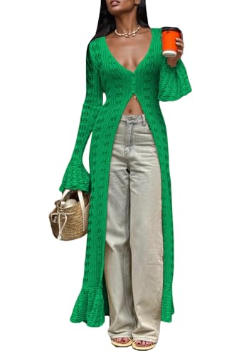 Image of Unybwonn Long Cardigans for Women Crochet Hollow Out Knit Sweater Cover up Maxi Dress Long Sleeve Button Down Cardigan