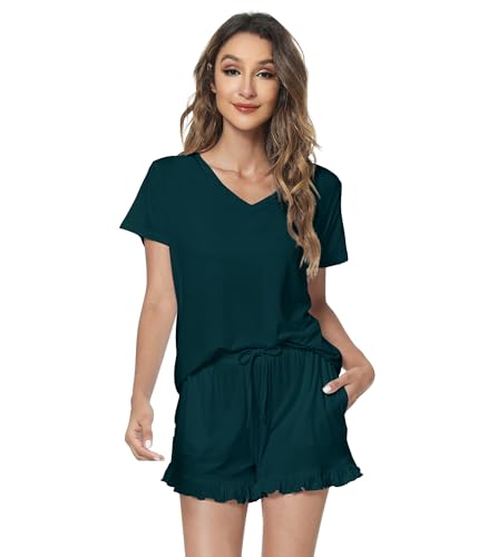 Image of WiWi Womens Pajamas Set Bamboo Viscose Super Soft Short Sleeve Top Ruffle Shorts Sleepwear Cooling Pj Sets S-XXL