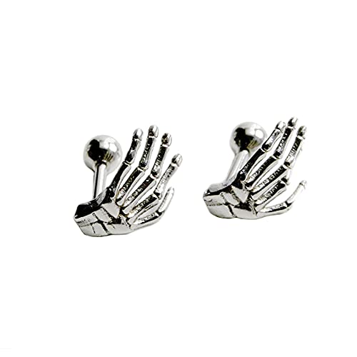 Gothic Skull Skeleton Hand Stud Earrings for Women Mens 16G Stainless Steel Hypoallergenic Helix Screw Back Cartilage Piercing Earring Studs Ear Tragus Auricle Bff Birthday Punk Fashion Charm Jewelry Gifts (Silver)