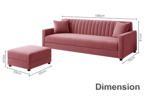 Image of Rosebell 3 Seater Sofa Set with Ottoman, Upholstered Sofa with Matching Footrest, Comfortable Seating for Living Room Bedroom Home Furniture - Rose Pink