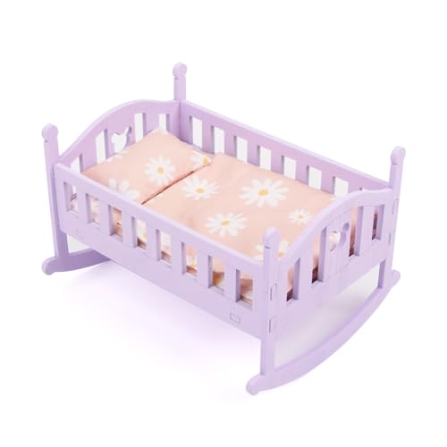 Baby Doll Crib, wooden Baby Doll Bed Set Large amplitude swinging design Bed, Crib with Bedding Set for Kids Pretend Play Toys, Purple