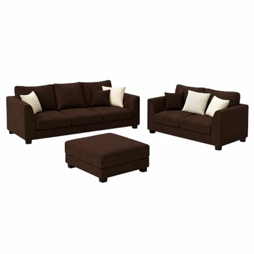 Image of SOCOZI Trevano 5 Seater Sofa Set with Ottoman (3 Seater + 2 Seater + Ottoman) | Soft Velvet Suede Fabric | Plush Comfort Cushions for Living Room (Dark Brown)