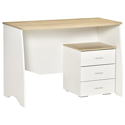 HOMCOM Table d'ordinateur Bureau Informatique avec Caisson de Bureau à 3 tiroirs - en Bois Blanc et chêne Clair