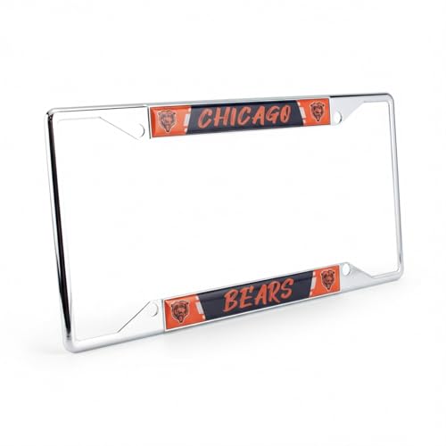 Chicago Bears NFL Premium Chrome Zinc Alloy Team License Plate Frame - 4 Screw Tag Holder with Modern Style Lettering - Chrome Background and Team Colors Complement Any Color Truck, SUV, Car