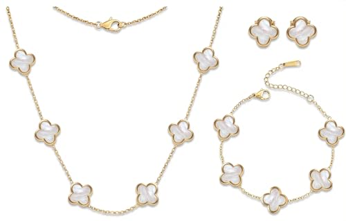 SHINYY Four Leaf Clover Choker Necklace for Women | 18K Gold Plated Lucky 4 Leaf Jewelry | Trendy Gifts (Gold White Set)
