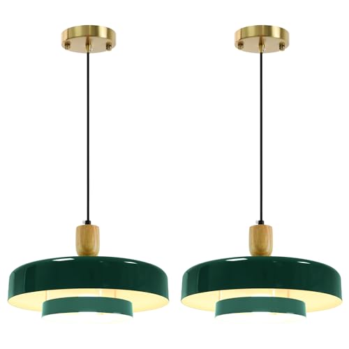 Image of Mid-Century Pendant Light Kitchen Island Chandelier Light Fixture Vintage Small Ceiling Light with 2-Tiers Metal Shade for Dining Room Living Room (Green, 2 Pack)