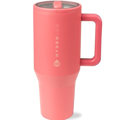 Image of HydroJug Traveler - 40 oz Water Bottle with Handle & Flip Straw - Fits in Cup Holder, Leak Resistant Tumbler-Reusable Insulated Stainless Steel & Rubber Base - Gifts for Women & Men, Salmon