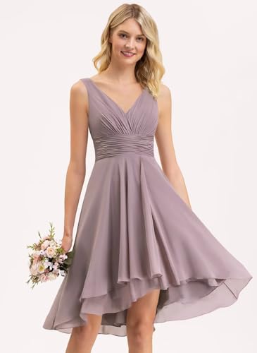 Women’s Double V Neck Short Bridesmaid Dresses 2025 Ruched Chiffon Formal Homecoming Dress for Party RO0473