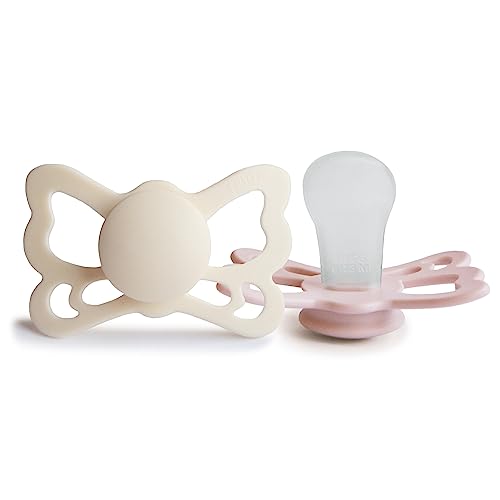 Image of FRIGG Butterfly Anatomical SilkySoft Silicone Baby Pacifier | Made in Denmark | BPA-Free (Cream/Blush, 6-18 Months)