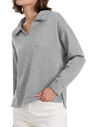 Wiholl Womens Long Sleeve Tops Casual Lightweight Sweatshirt Collared V Neck Polo Shirts Teacher Outfits Light Grey M thumb #3