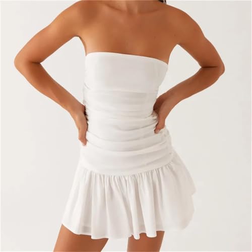 Women's Ruched Tube Top Vintage Holiday Strapless Sleeveless Slim Fit Flare Dress3