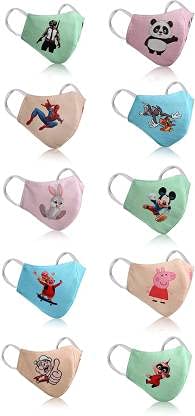 Avdip Kid?s Cartoon (Pack of 10) kids, Girls Cartoon Mask Printed Fashionable Protective Mask for Kids, Anti-pollution, Anti-virus and Anti-bacterial Fabric Designer Printed Face Mask For Kids,