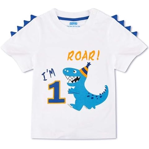 AMZTM 1st Dinosaur Birthday Boy T-Shirt Baby Boy One 1 Year Old Birthday Shirt Outfit First Dino Birthday Party Boy Top Tee White Cover