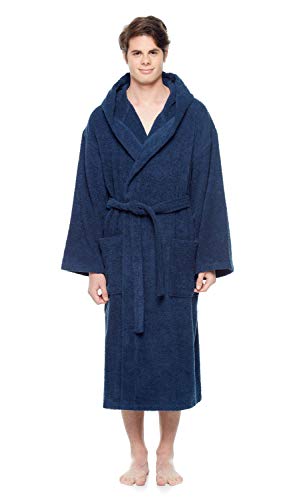 Arus Men's Hooded Classic Bathrobe Turkish Cotton Robe With Full Length Options, Navy Blue Large-X-Large #TOP4