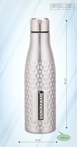 Image of Signoraware Aace Hammered Stainless Steel Single Walled Bottle | Airtight & Leakproof | LightWeight | Easily fit Into bags | Great for School, Office, Home, Gym & Travel Use | (1 Ltr | Steel)