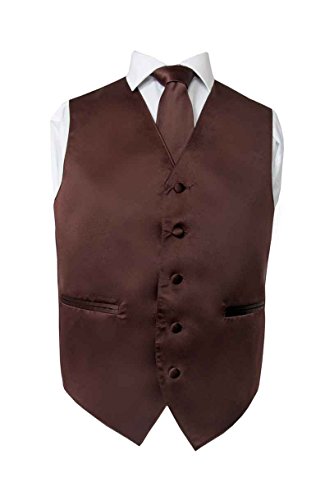 Men's Premium Solid Vest - NeckTie – Bow Tie - Pocket Square 4 Piece Set for Suits & Tuxedos (Brown, 2XL)
